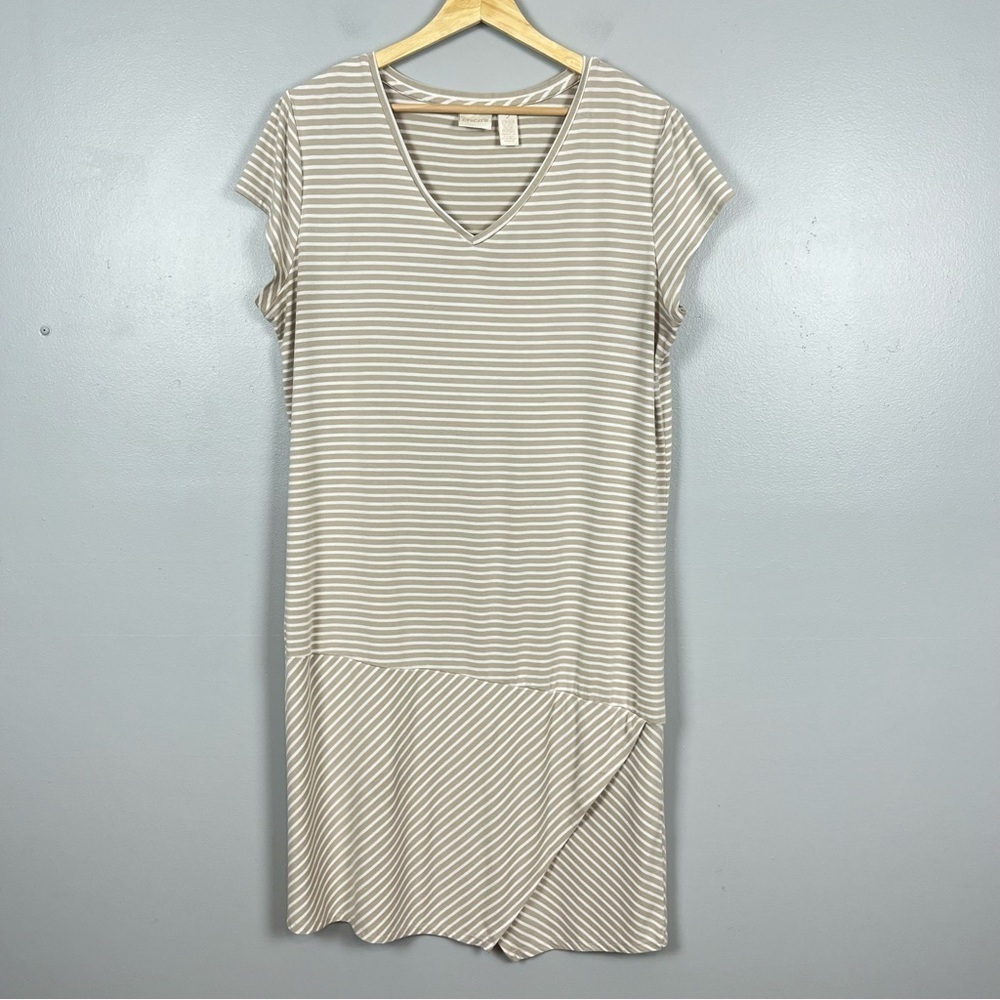 Chico’s beige and white striped shift style v-neck t-shirt dress, large.